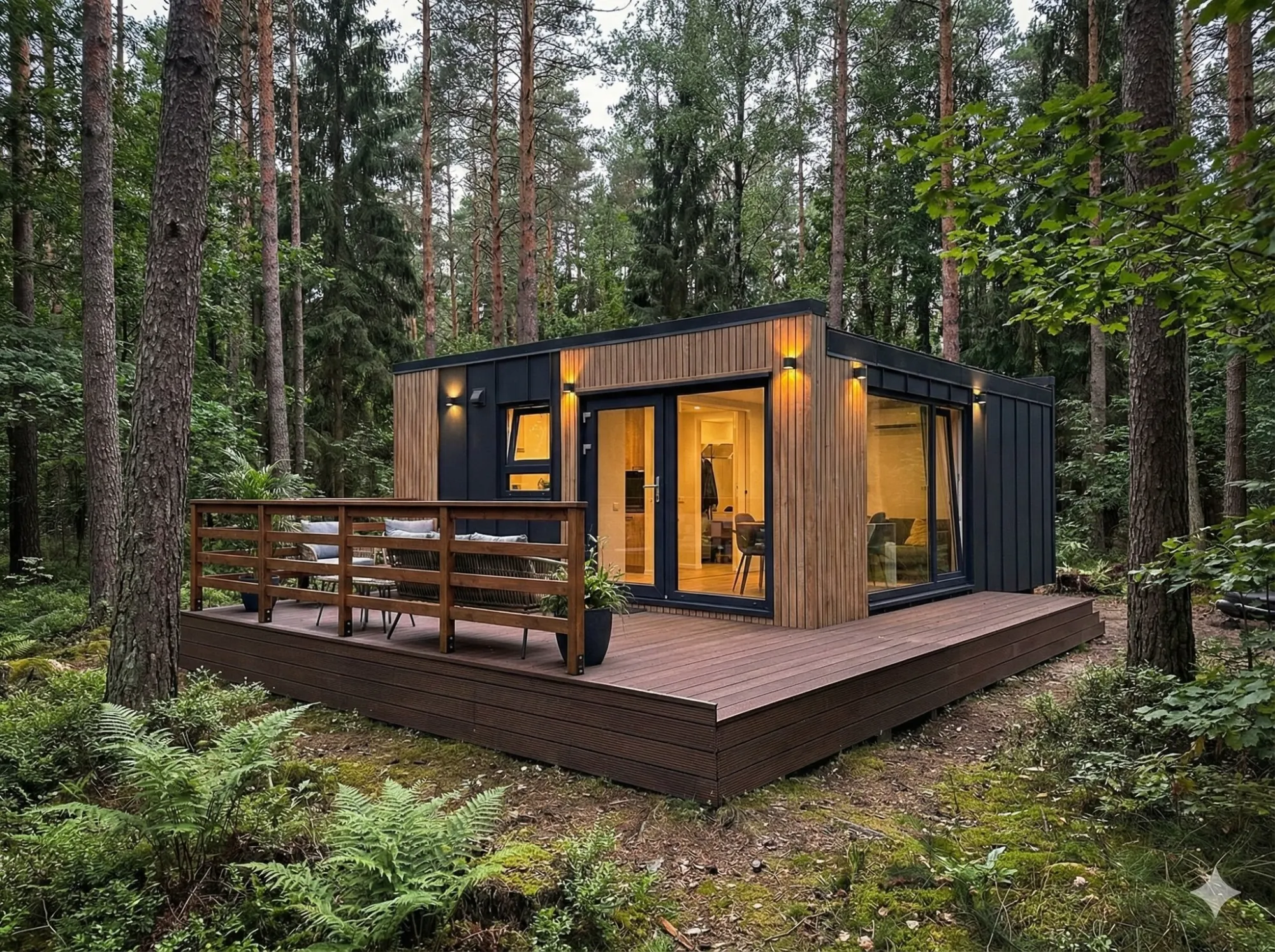 Ecomodul ház fa terasszal, erdei telken