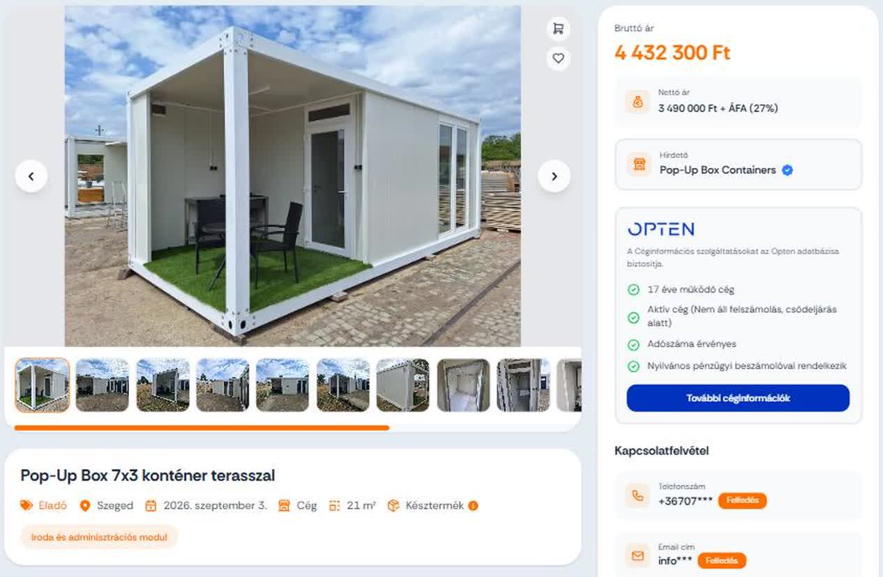 Hirdetés oldala a modulport.com-on, a hirdető neve alatt az OPTEN Kft. céginformációs paneljével
