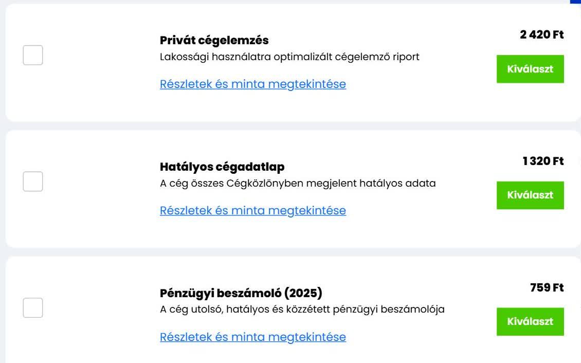 Megvásárolható céginformációs dokumentumok az OPTEN Kft. webshopjában