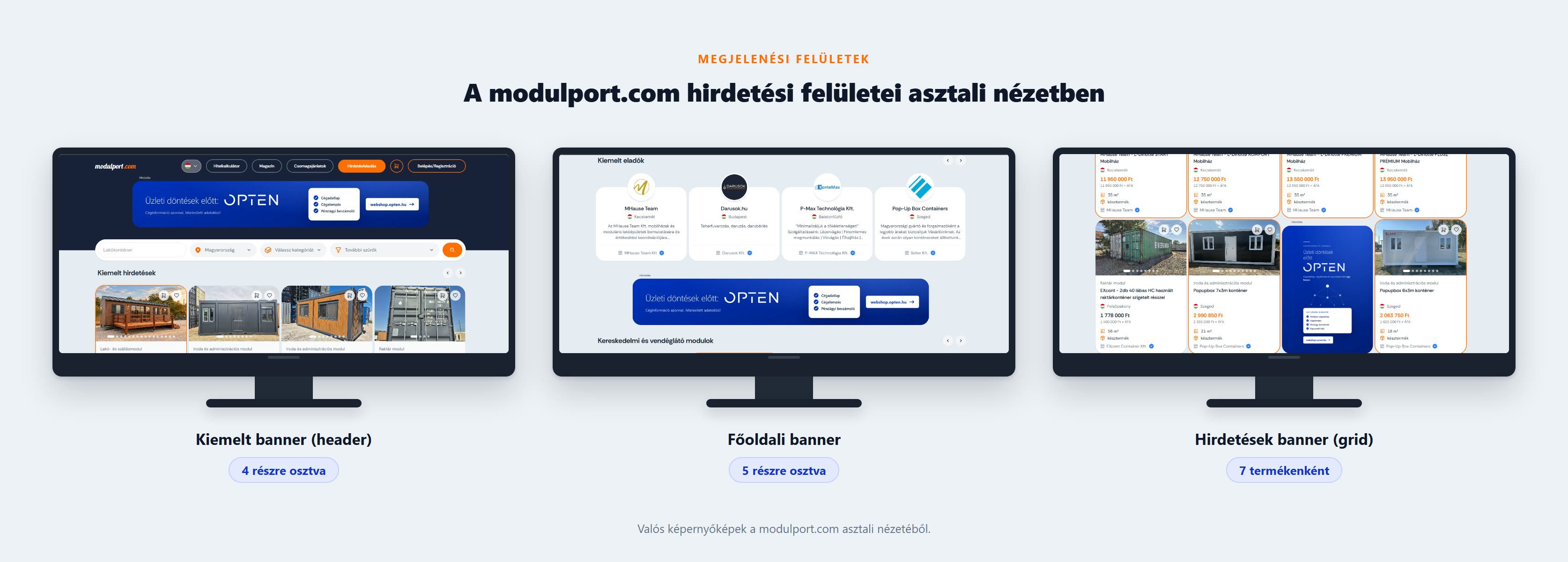A modulport.com hirdetési felületei asztali nézetben, monitor mockupban