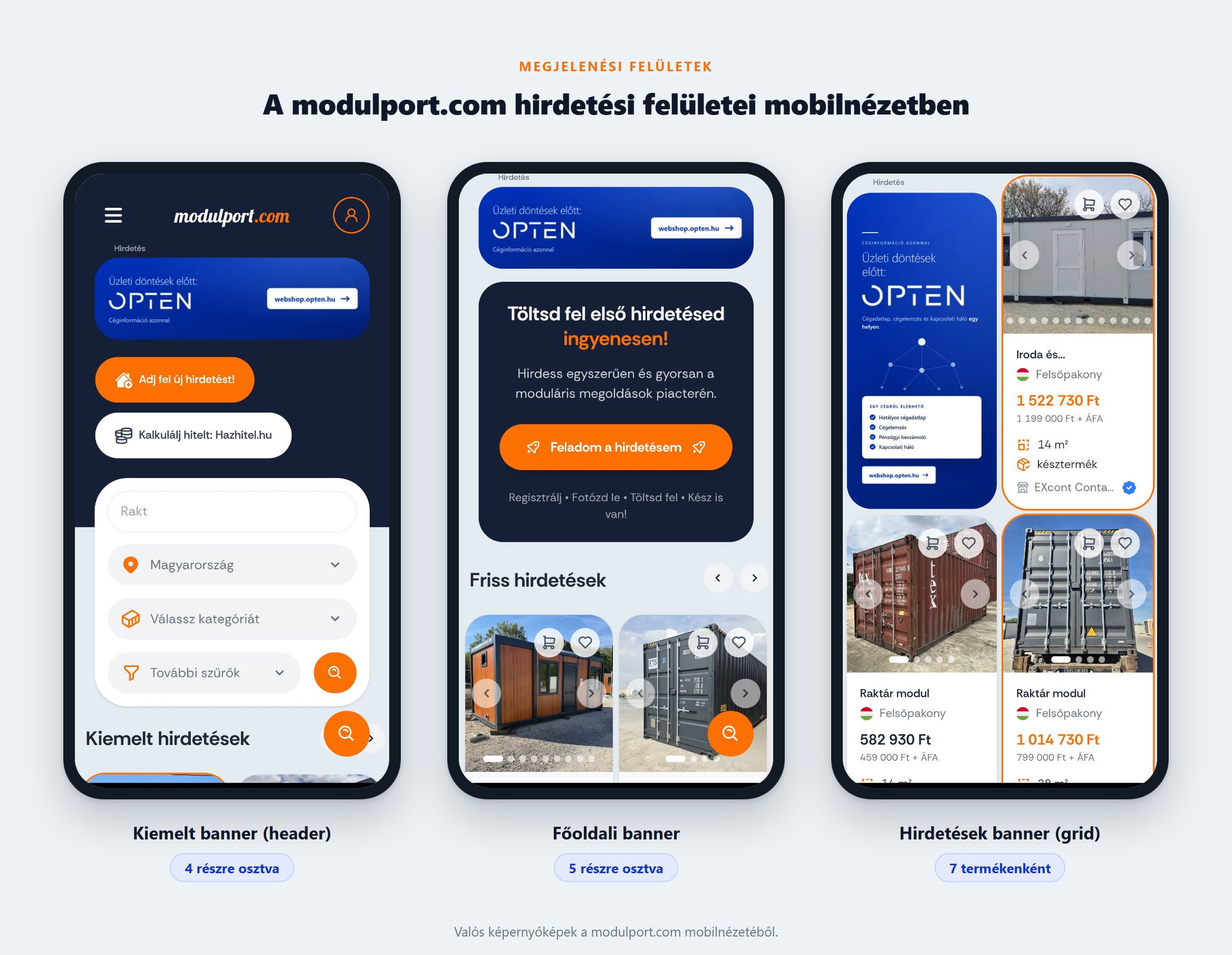 A modulport.com hirdetési felületei mobilnézetben, telefon mockupban