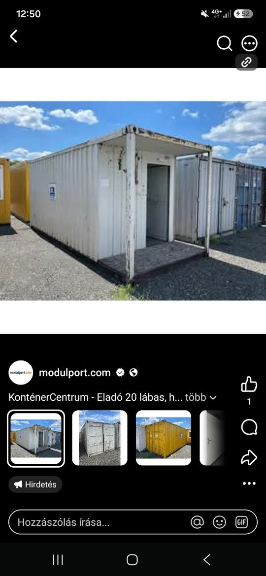 Galériás Modulport-hirdetés a Facebook-feedben, a Konténer Centrum egyik konténerével