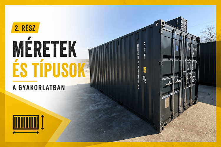 20 és 40 lábas hajózási konténerek különböző méretekben, High Cube típus bemutatása sárga grafikai borítókép stílusban